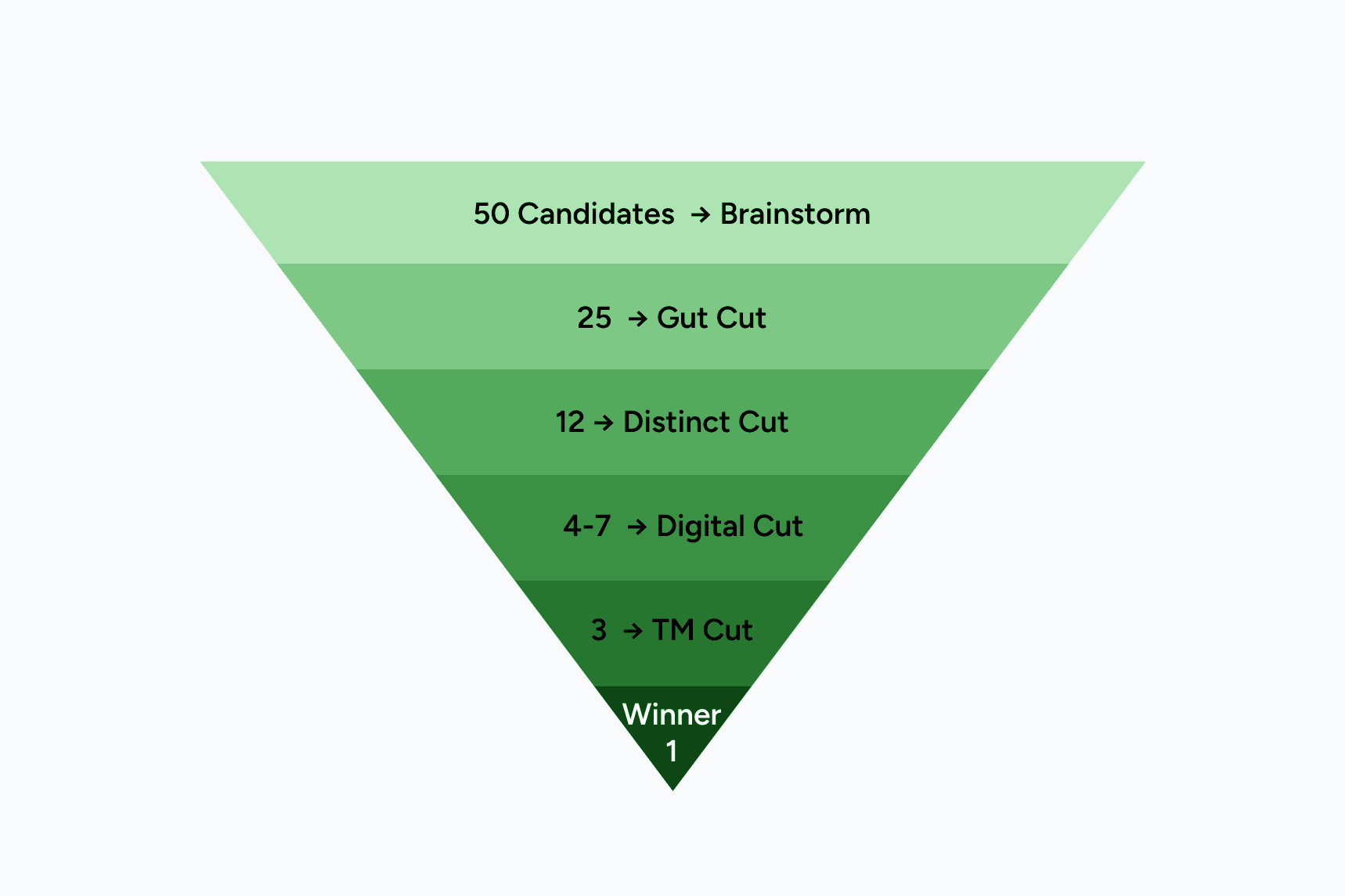 Funnel diagram showing the naming process narrowing from fifty brainstormed candidates down to one final business name through four filtering cuts: gut check, distinctiveness, digital footprint, and trademark