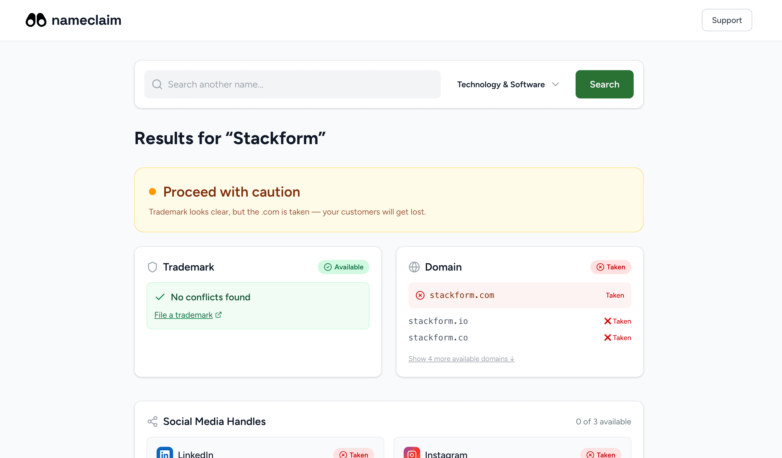 NameClaim results page for Stackform showing trademark, domain, and social handle availability in a single search