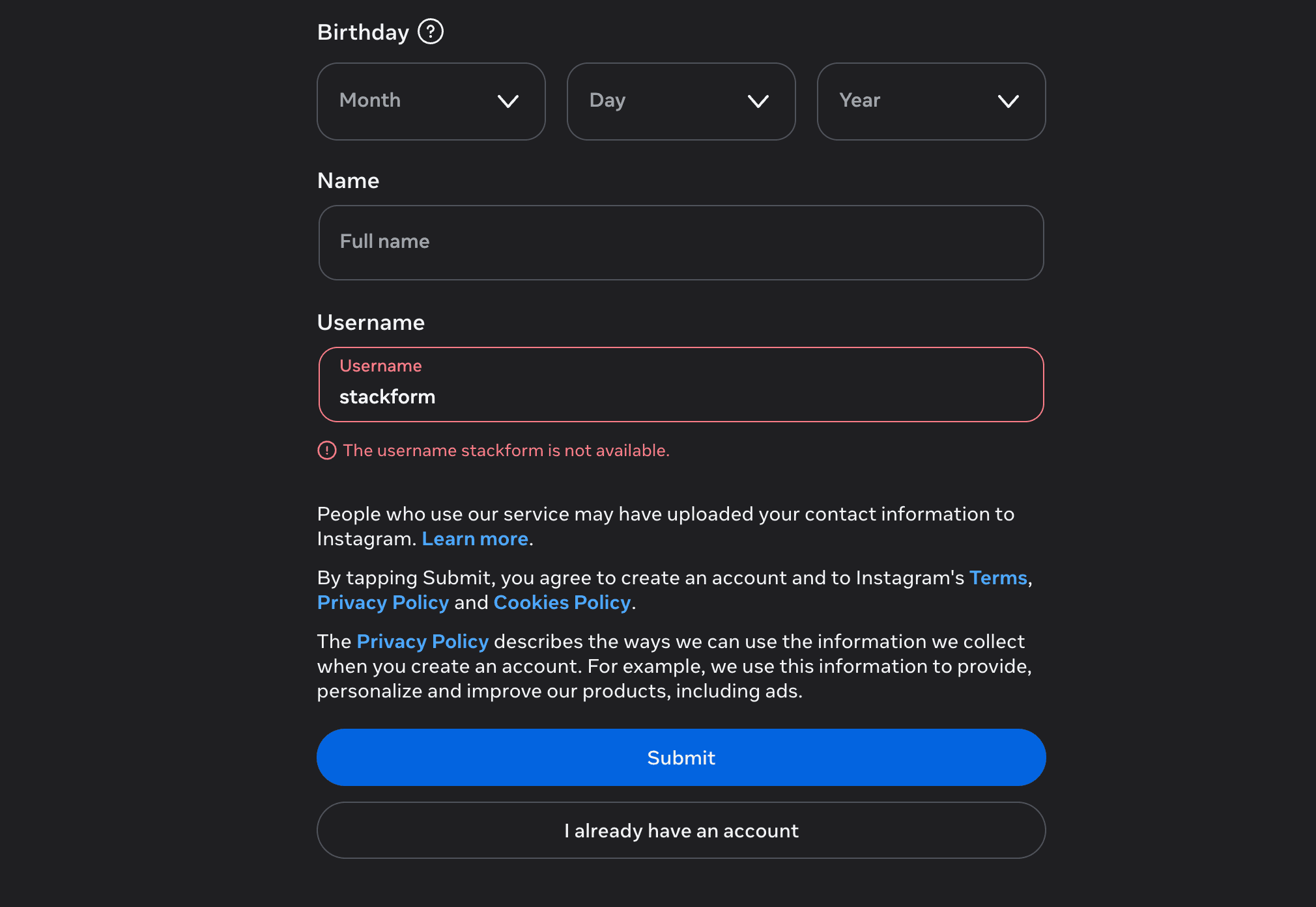 Instagram Signup Page