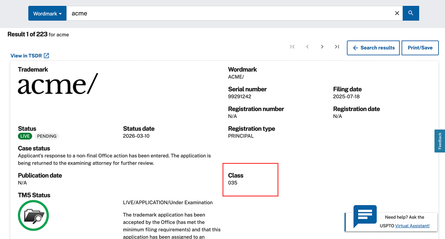 USPTO Class Filter