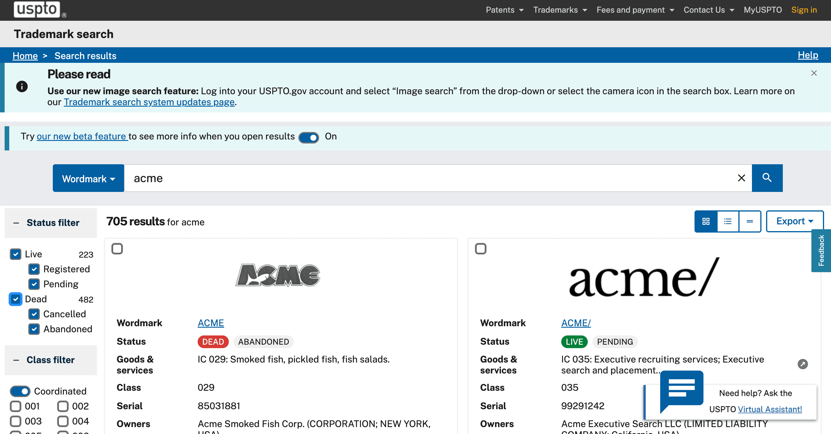 USPTO Results Page